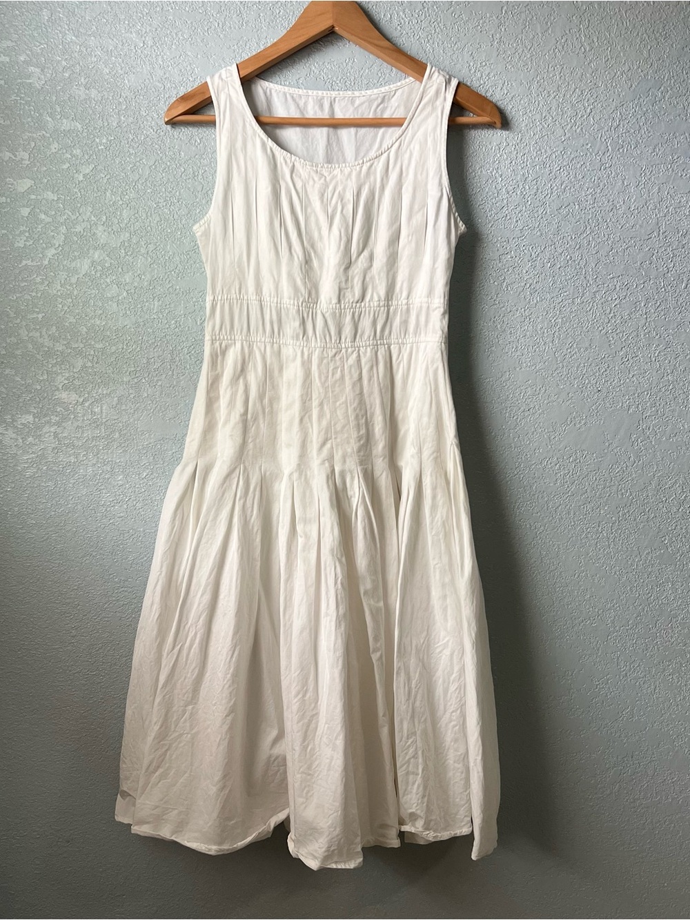 Made In Korea White Cotton Rayon Fit & Flare Midi Dress Pleated Full Skirt S